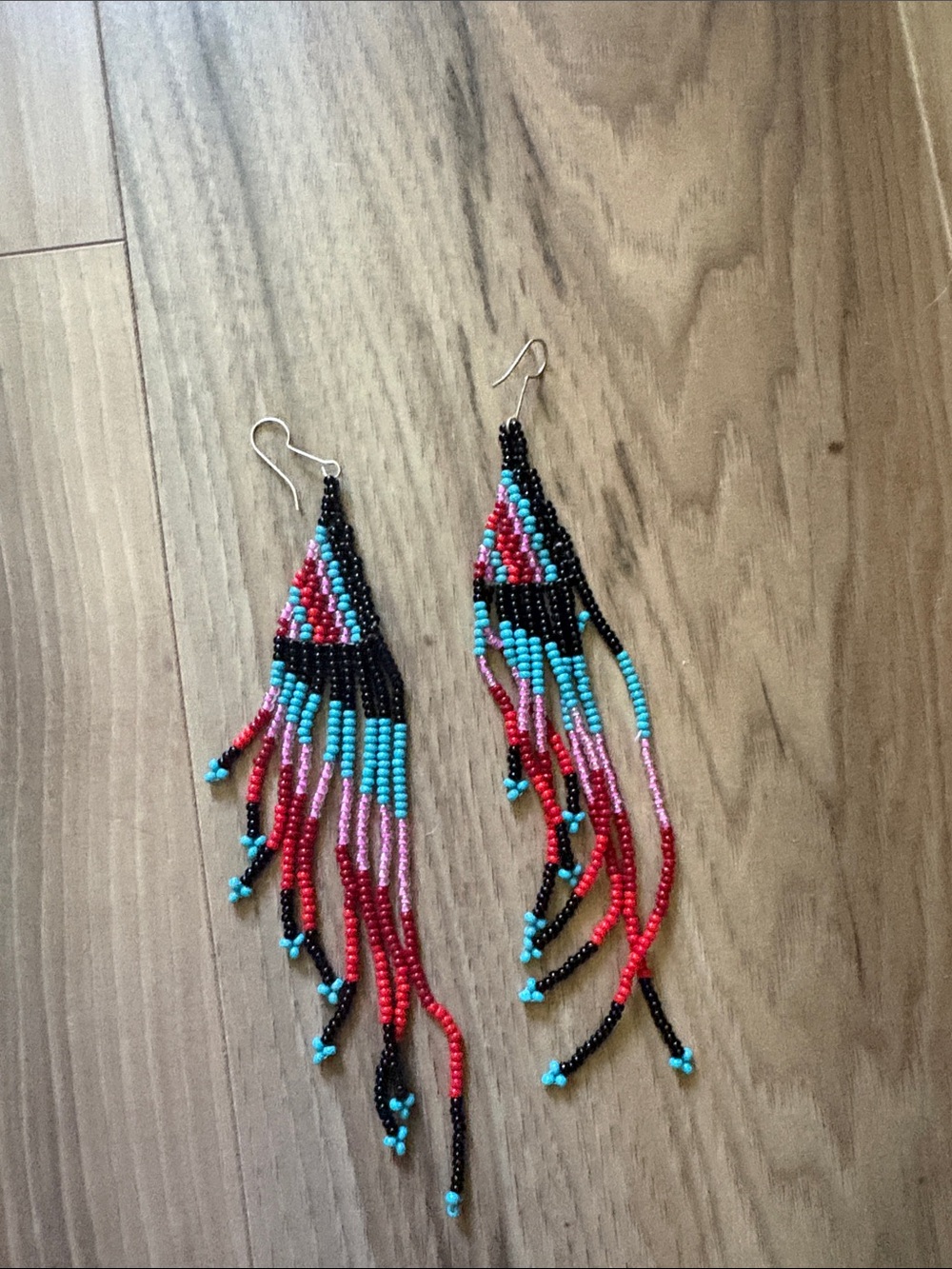 Handmade Multicolor Beaded Fringe Earrings - Red, Turquoise & Black